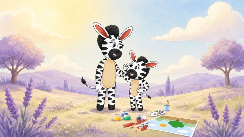 A baby zebra cuddled against her mother under soft pastel skies